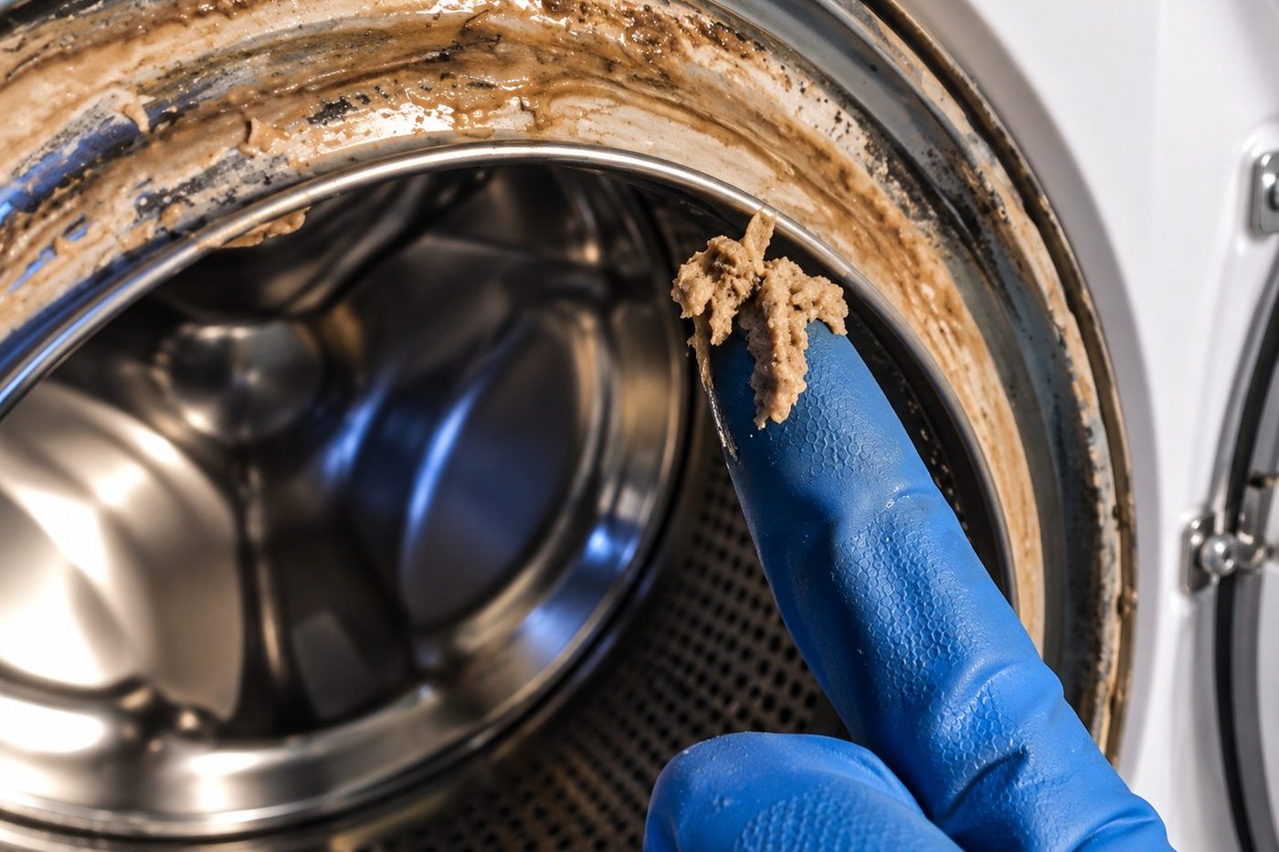 Guarnizione di una lavatrice con residui marroni accumulati; una mano con guanto blu mostra un dito con lo sporco raccolto