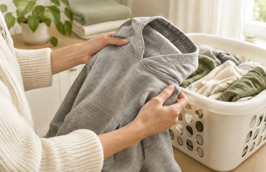 Mani che controllano una felpa grigia appena lavata accanto a una cesta di panni